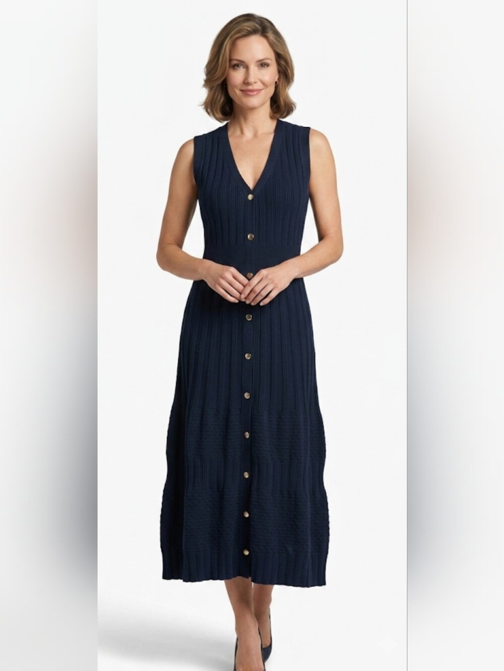 TAHARI Sleeveless Navy Button-Front Maxi Dress, Size XL.